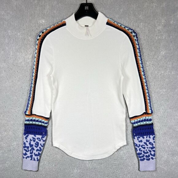 Free People Switch It Up Cuff Thermal Top Crochet White Women’s Large Stretchy - Picture 1 of 13